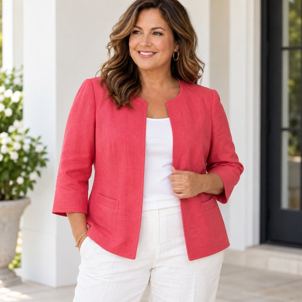 Talbots Woman Petites Red 100% Linen Open Front Blazer Jacket 14WP
